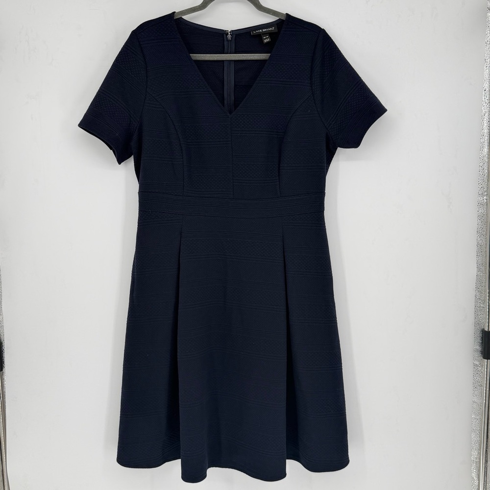 Navy Blue Textured Babydoll V Neck Plus Size Dress